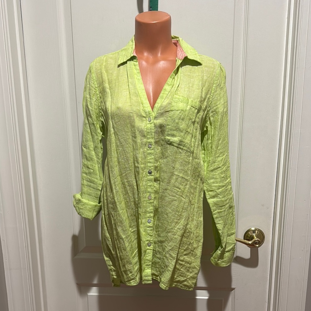 SIGRID OLSEN Linen Shirt Green L/S Roll Cuff V Neck Point Collar S Small EUC $98 - Picture 4 of 13